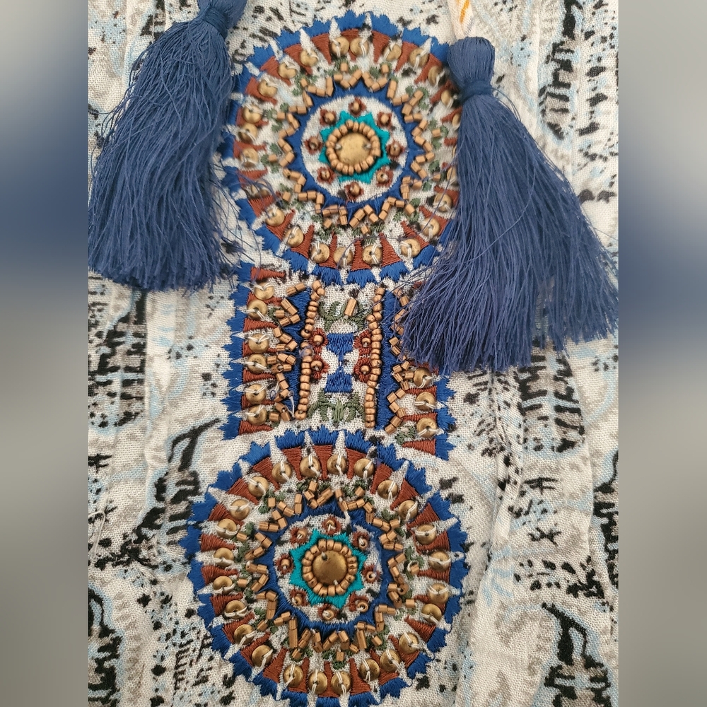 Sundance 100% viscose modal blue Wandress relaxed fit beaded tassle blouse XXL - Picture 2 of 9